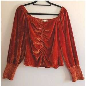 Burnt Orange Ruched Velvet Top Long Smocked Sleeve XL Boho Sweetheart Neckline